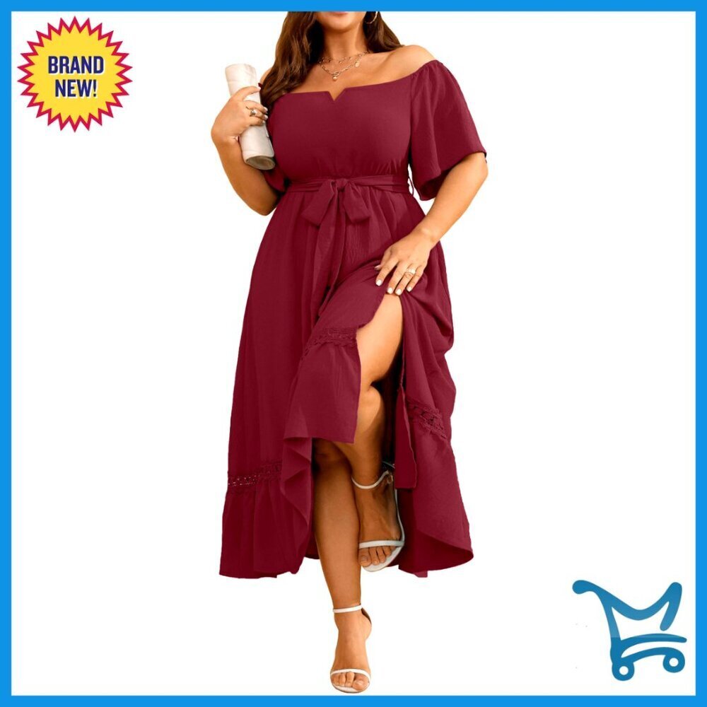 Elegant Off Shoulder Maxi Dress Formal Wedding Guest V Neck with Belt